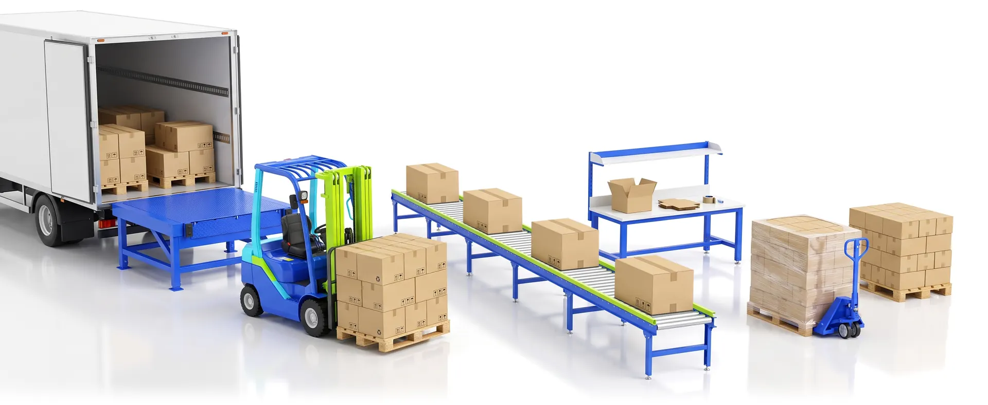 KI-Illustration: Lkw an der Rampe, Stapler mit Palette, Rollenband mit Kartons, Packtisch und gewickelte Palette in den Farben des MH-Logistik-Logos